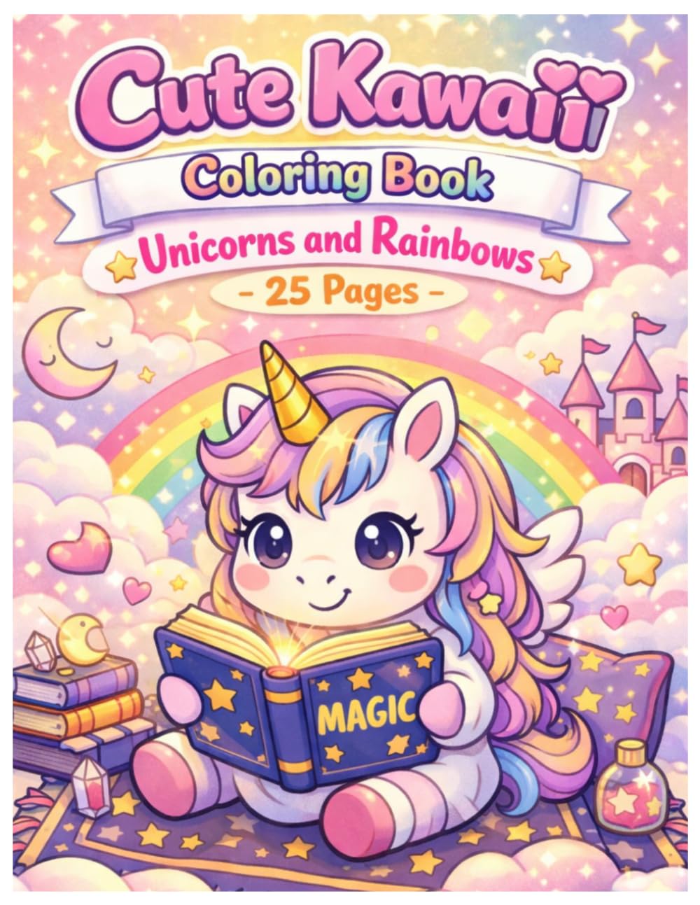 Cute Kawaii Coloring Book, Unicorns and Rainbows: 25 Cute Unicorn and Rainbow Coloring Pages