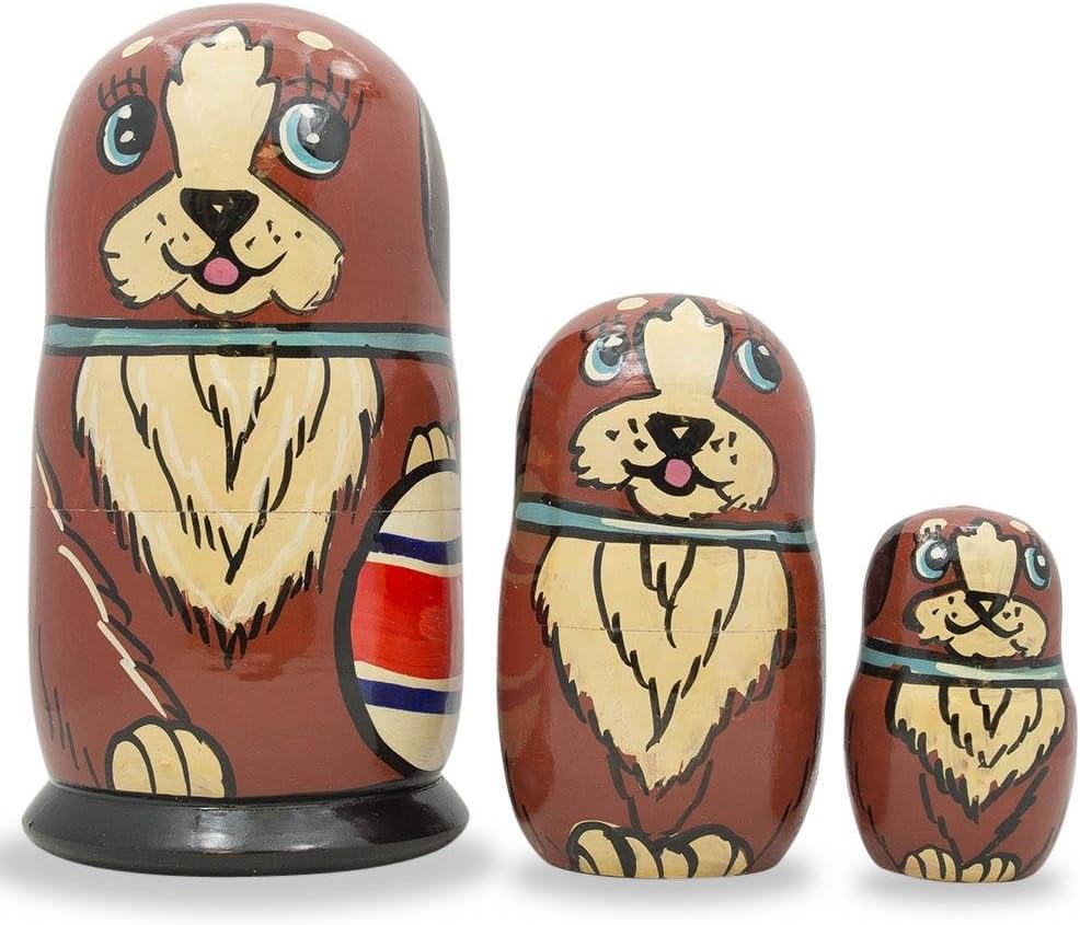 BestPysanky Set of 3 Brown Dog with Ball Wooden Nesting Dolls 5 Inches