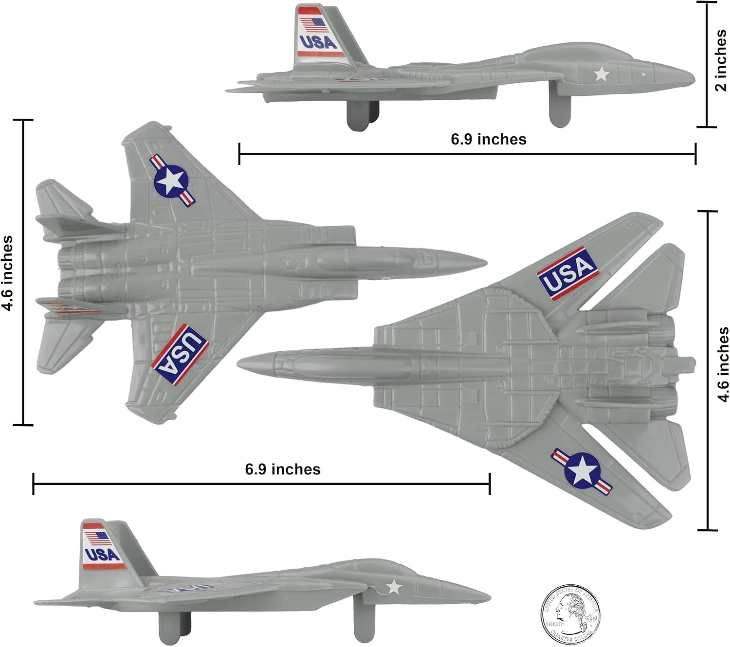 TimMee Plastic Army Men Combat Fighter Jets - 4pc Gray Airplanes Made in USA
