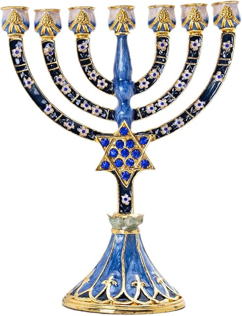 YU FENG 7 Branch Hanukkah Menorah Candle Holder Crystal Rhinestones Bejeweled Hand-Painted Enamel Candlesticks