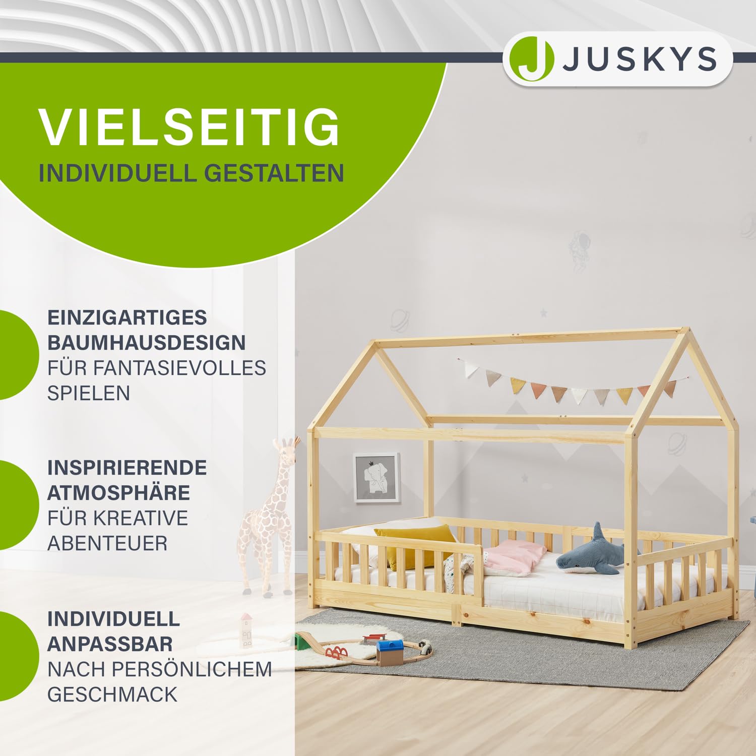 Juskys® Kinderbett Marli 90 x 200 cm mit Rausfallschutz, Lattenrost und Dach - Massivholz Hausbett für Kinder - Bett in Natur