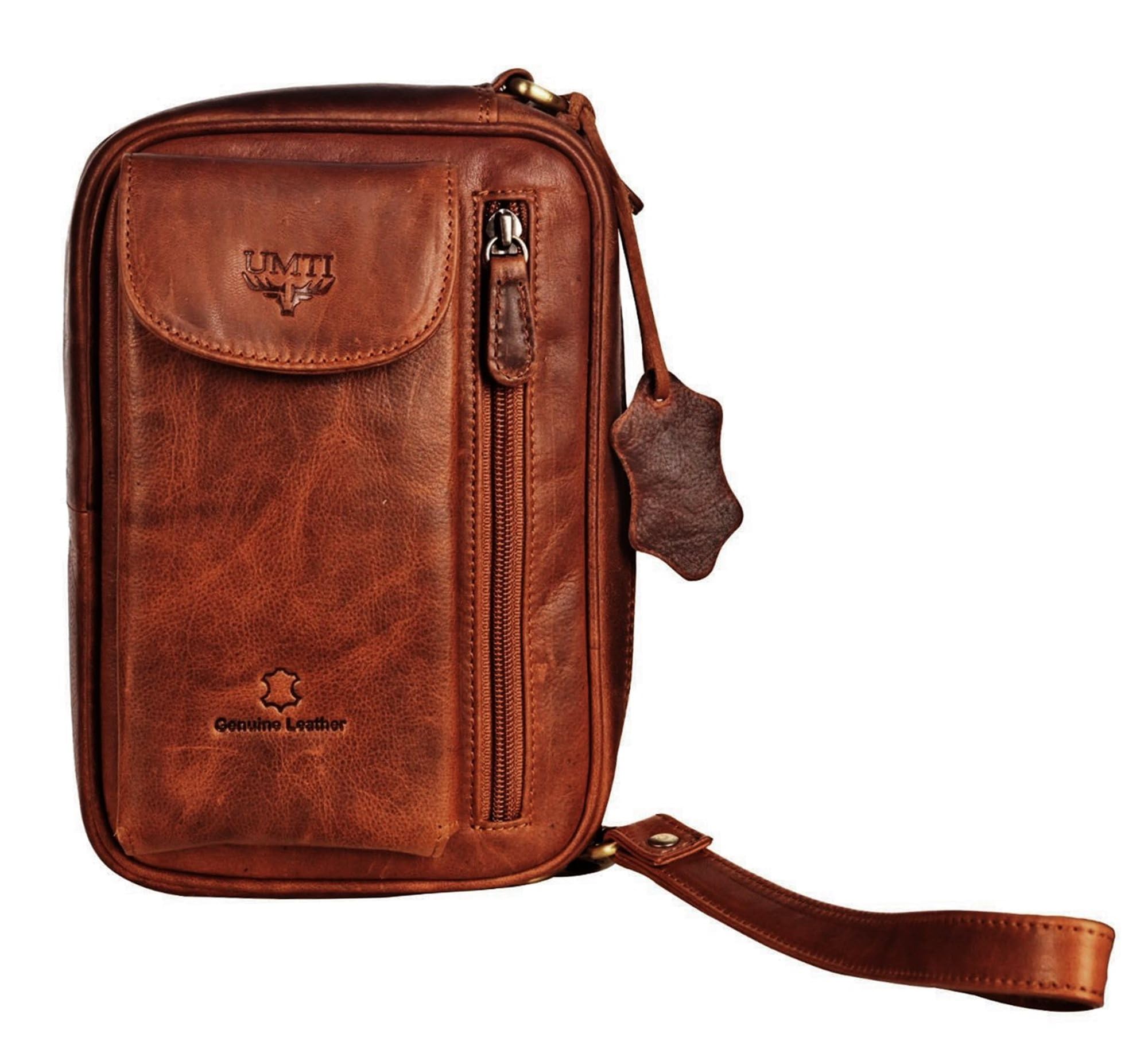 Leder Handgelenktasche für Unisex aus Rindleder 21- (147A) Herrentasche echtes Leder Tasche Bag Neu Farbe Cognac