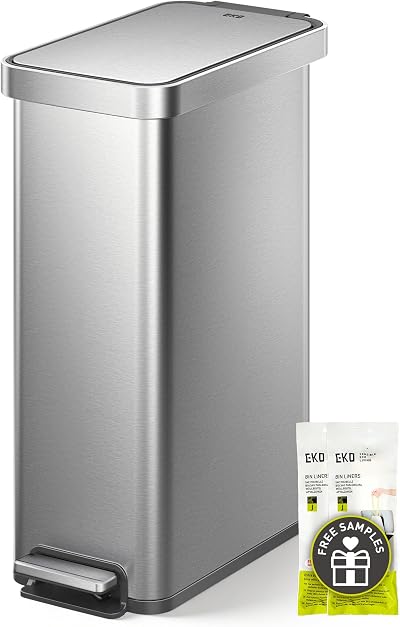 EKO Hudson Slim 50L / 13.2 Gallon Kitchen Trash Can with Lid, Stainless Steel Step Garbage Can for Kitchen or Home, Space-Saving Garbage Can with Soft Close Lid, Stay-Open, Liner Ring, Handle
