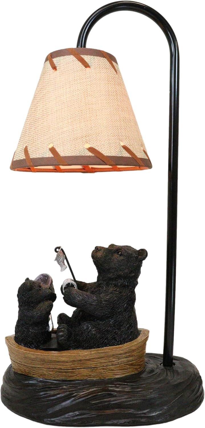 Ebros Rustic Forest Whimsical Black Papa and Cub Bears Fishing from Canoe Boat Table Lamp Statue with Hanging Burlap Shade 17.5" High Cabin Lodge Decor Bear Family Desktop Bedside Lamps