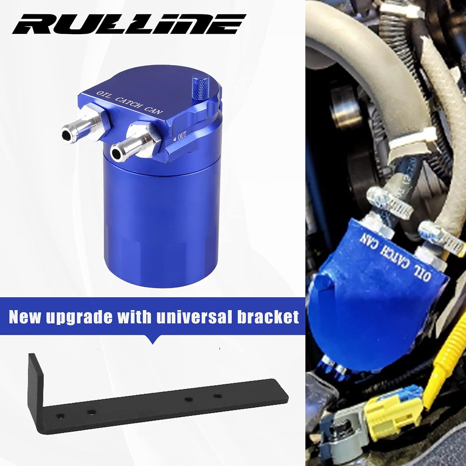 RULLINE Oil Catch Can Universal Baffled Catch Can Kit with Upgraded Braided Fuel Hose , with Bracket , 350ml Air Oil Separator Tank for PCV System Aluminum Blue