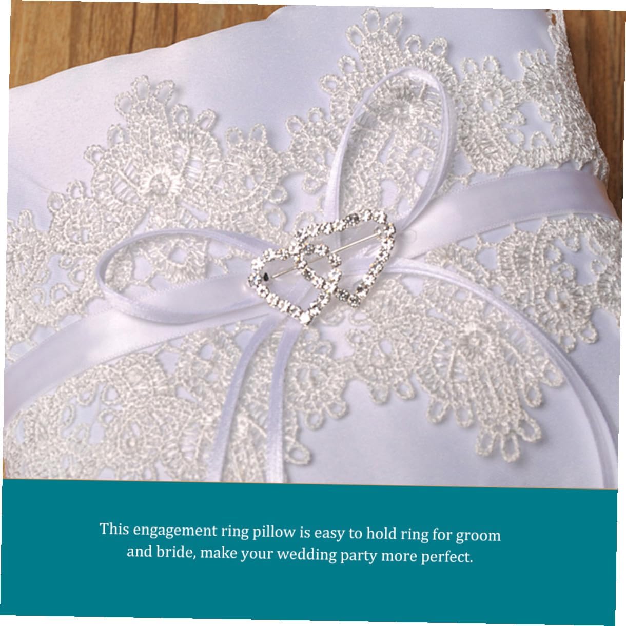 White Hollow Lace Double Heart Decorative Wedding Ring Pillow Cushion for Bride and Flower Girl Engagement Ring Holder Pearls Wedding Party Bearer Cushion