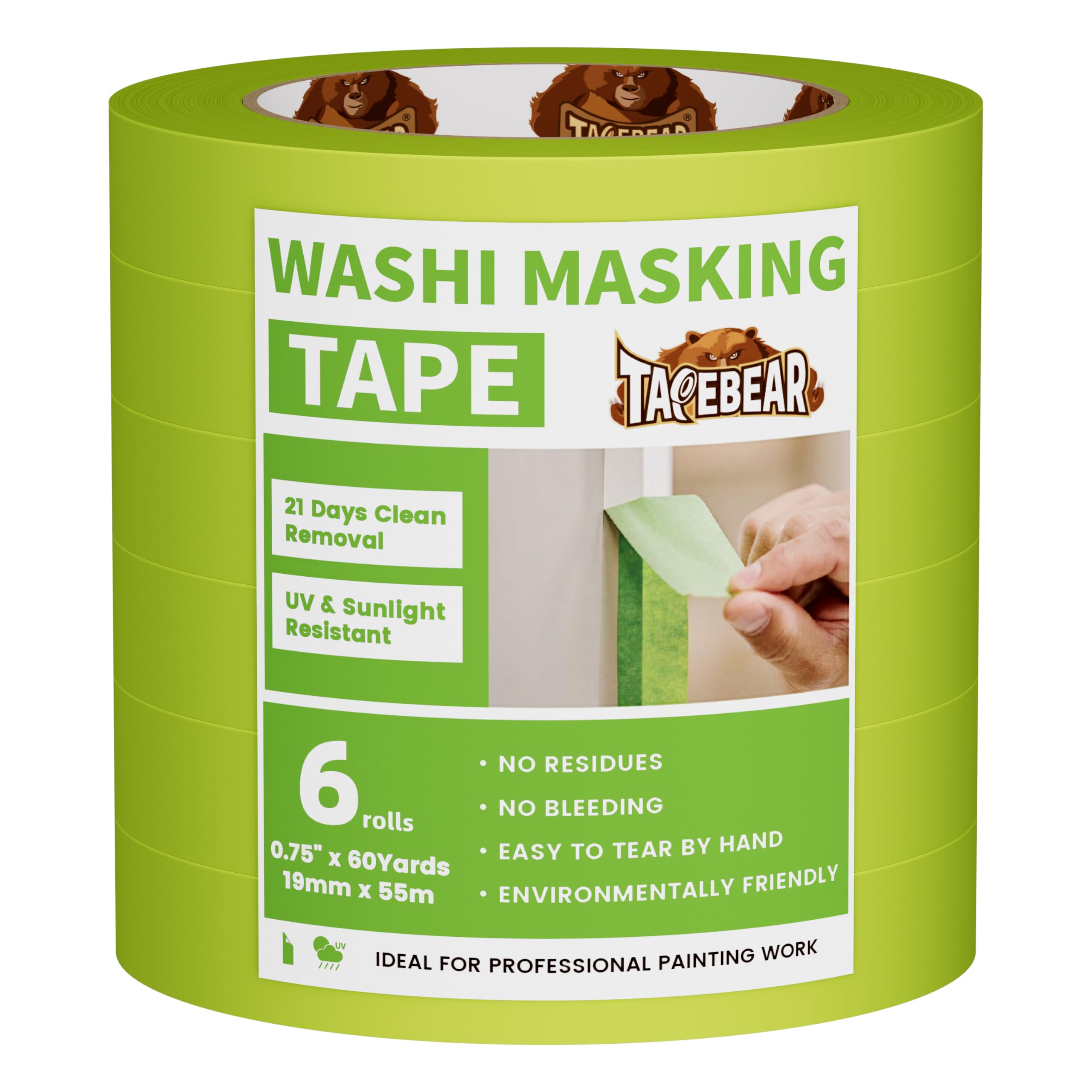 TAPEBEAR Advanced Painters Tape, 21-Days Clean Removal Green Washi