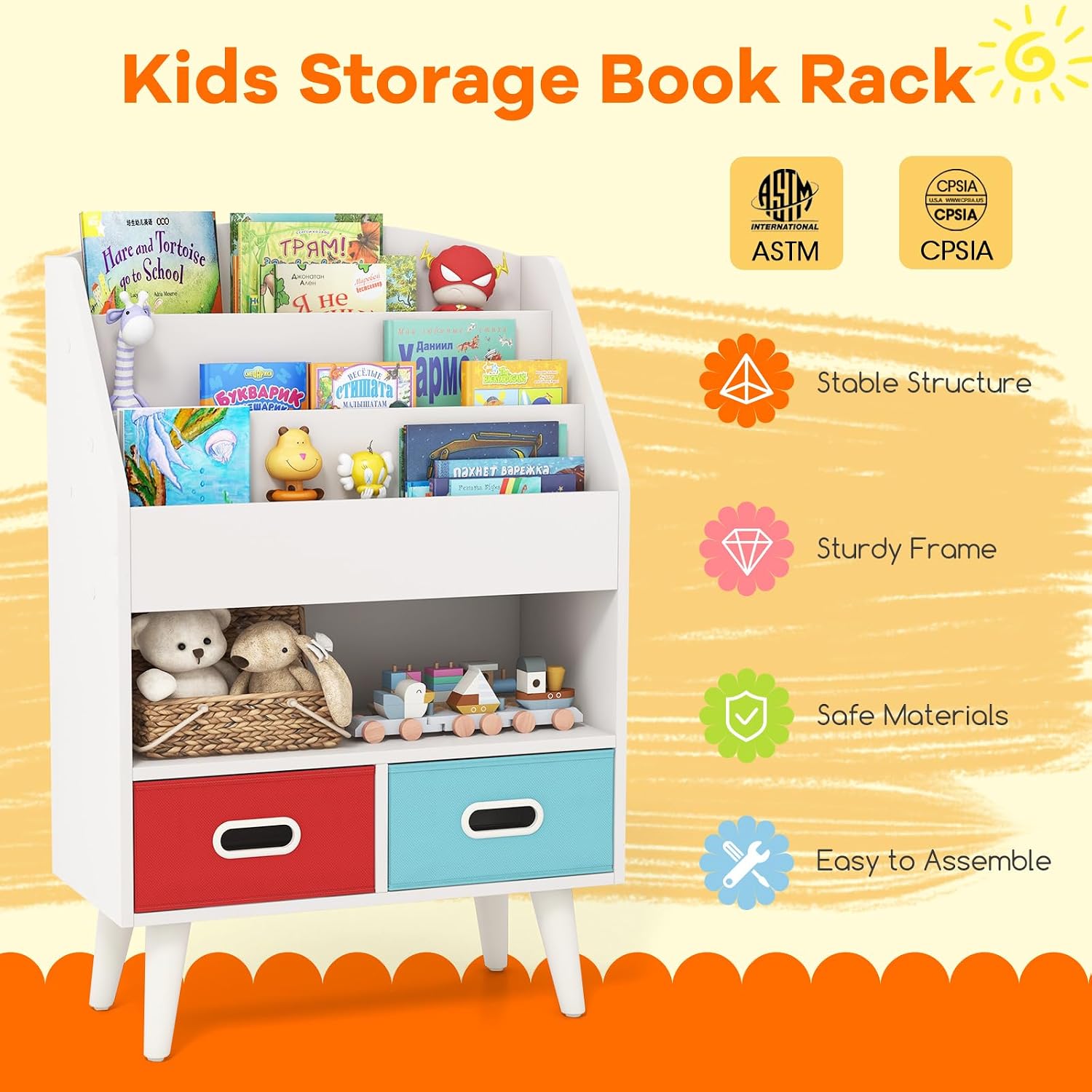 HONEY JOY Kids Bookshelf, Wooden Book Shelf for Kids Rooms with Toy Storage Organizer, Easy Reach Toddler Children Bookshelf with 2 Cube Bins, for Classroom, Playroom, Nursery, Kindergarten (White)