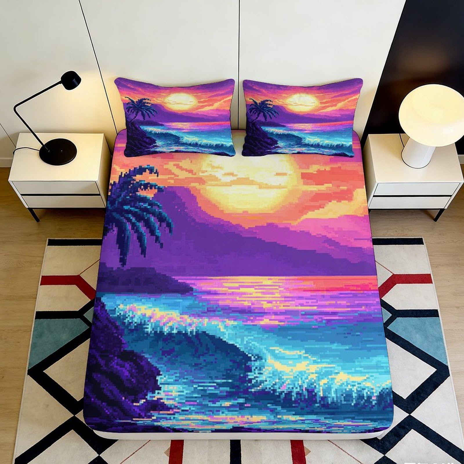 3D Printed Sunset Beach Fitted Sheet Microfiber Artistic Vibrant Ocean Bed Cover for Bedroom Guest Room Decor 90x200x25cm