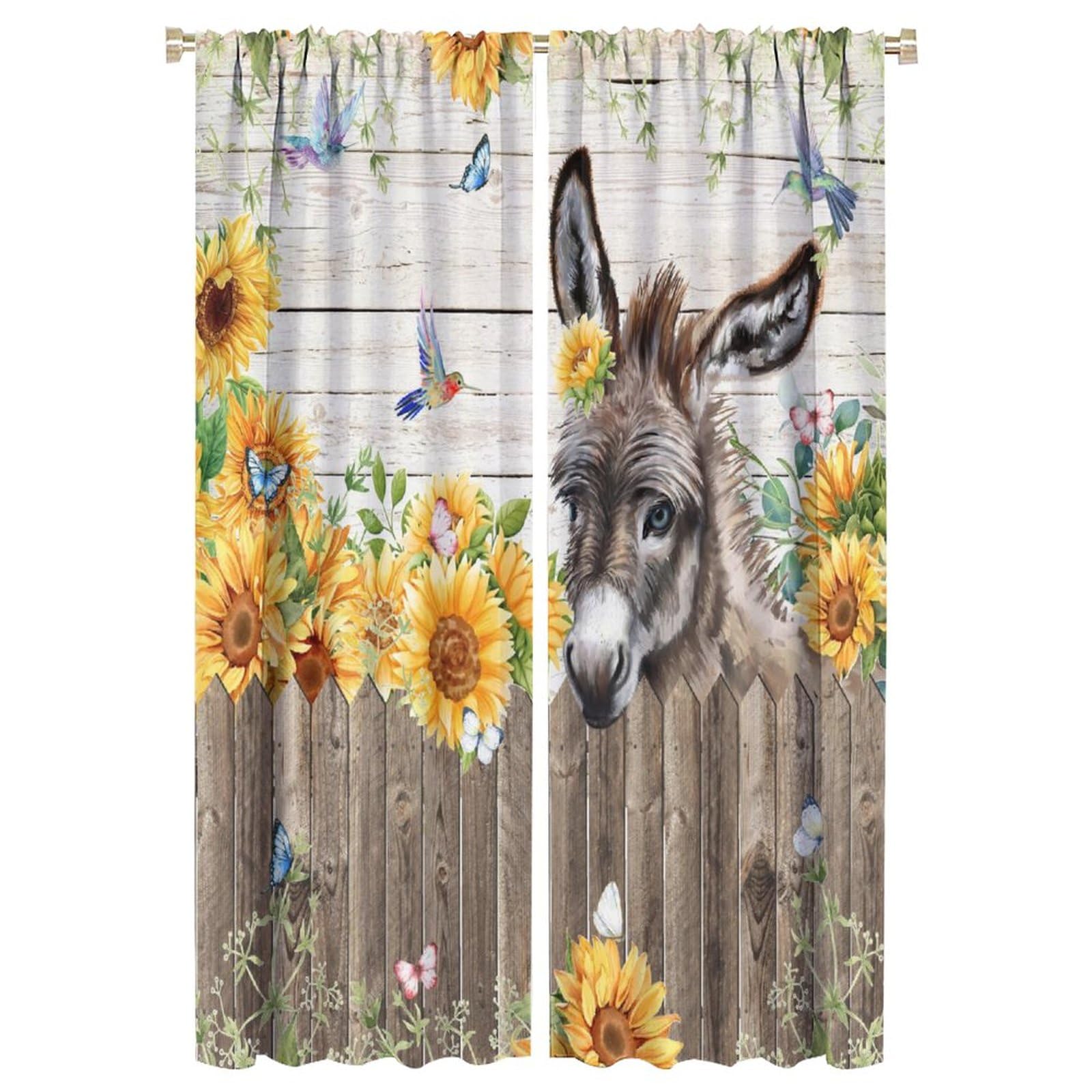 FBMLBRB Funny Cute Donkey Curtains - Rustic Farm Animals Donkey Butterfly Flower Sunflower Window Curtain Room Darkening Blackout Curtains Thermal