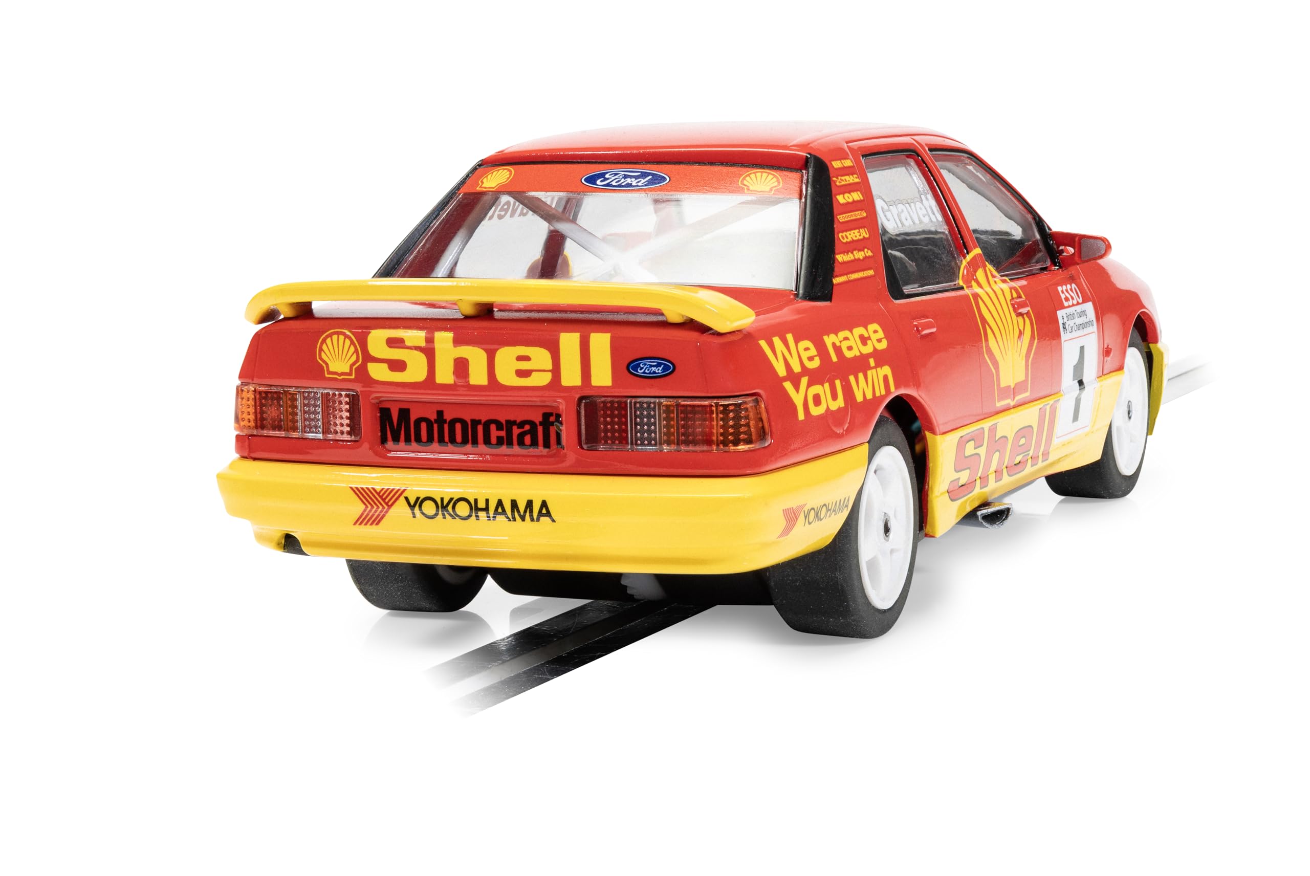 Scalextric C4632 Ford Sierra Sapphire Slot Car, BTCC 1990 Rob Gravett, Escala 1:32, Livera roja y Amarilla, con Luces y magnatracción