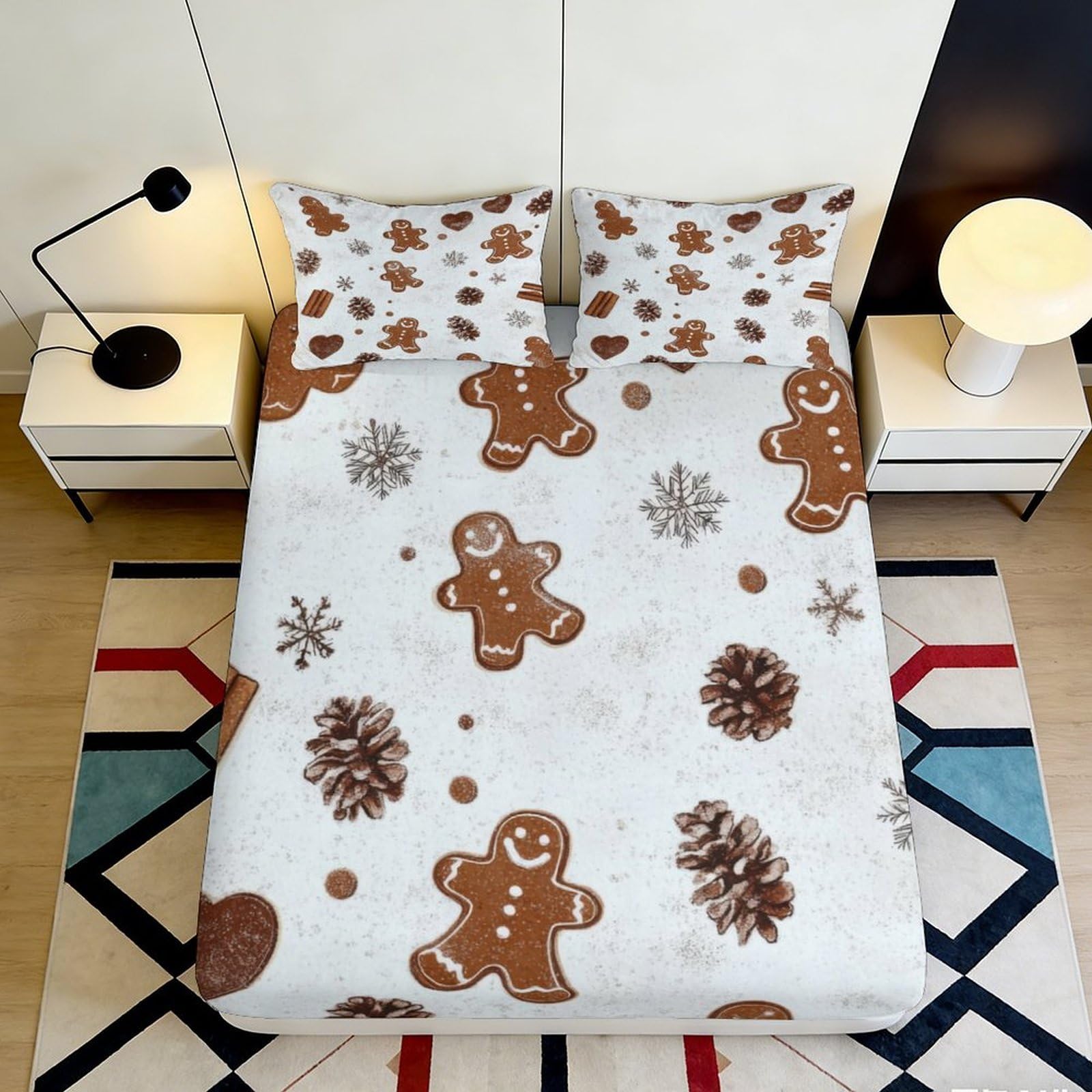 3D Printed Gingerbread Cookie Fitted Sheet Microfiber Soft Snowflake Mattress Cover for Bedroom Dorm Protective Decor 90x200x25cm