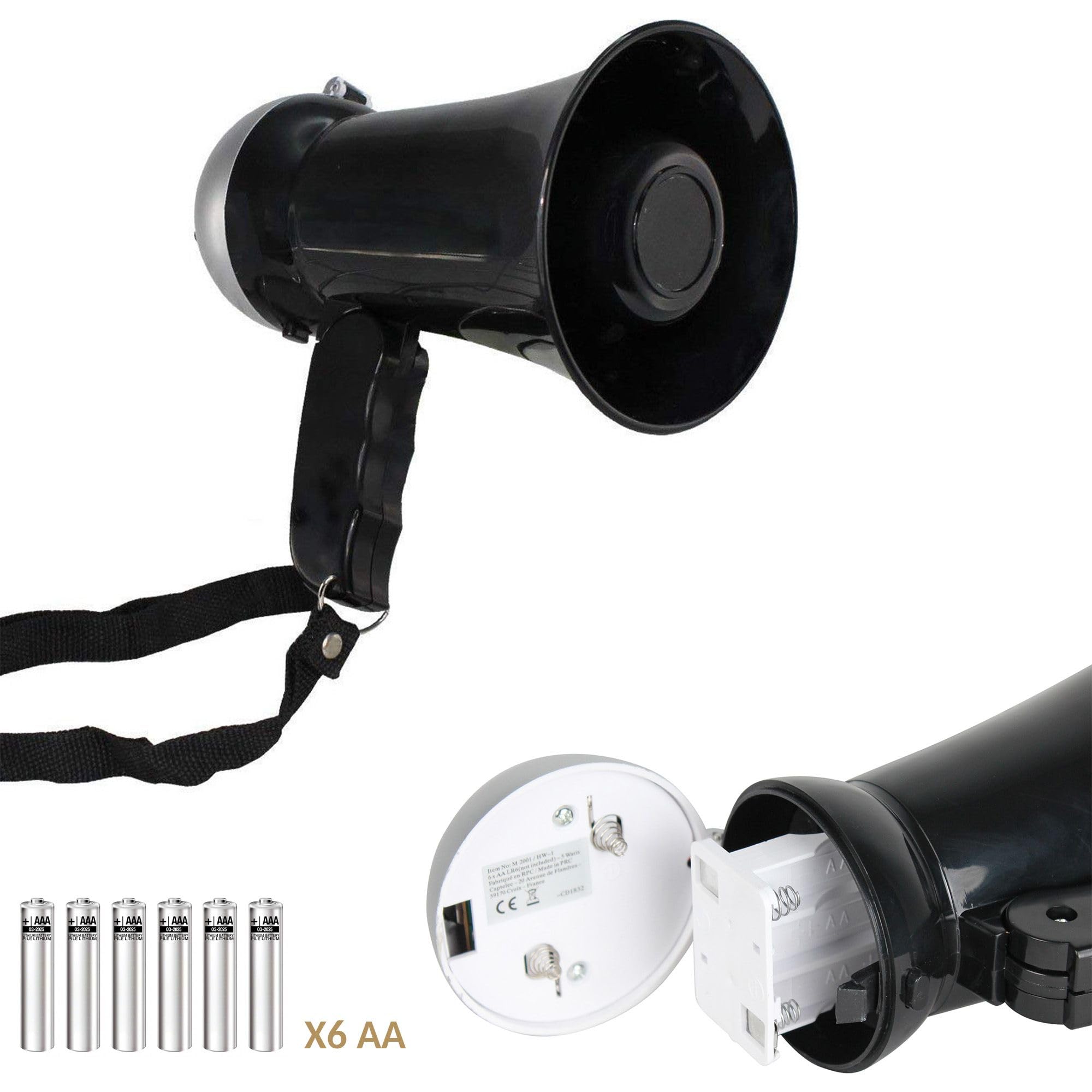 Mini Megáfono 10 W - Función Altavoz y Sirena - Volumen Ajustable - Funciona con 6 Pilas AA - 17 cm - Negro