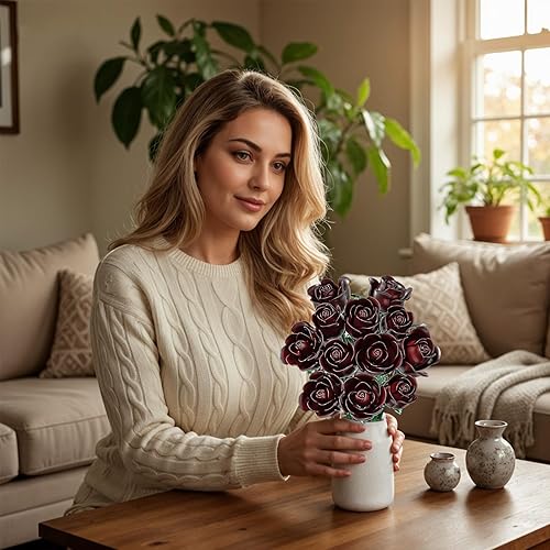 Miniatura 2 de Juego de construcción de ramo de rosas rojas burdeos para mujeres adultas, colección botánica, regalo para Halloween, San Valentín y día de la