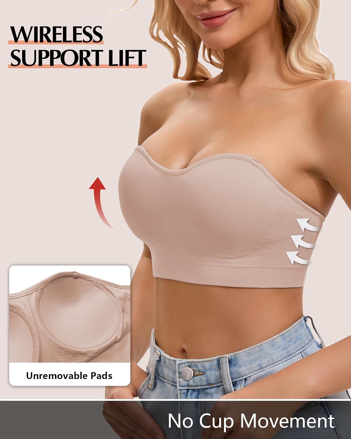 WOWENY Strapless Bras for Women Non-Slip Padded Bandeau Bra Supportive Wireless Tube Top Bra No Underwire Seamless Bralette