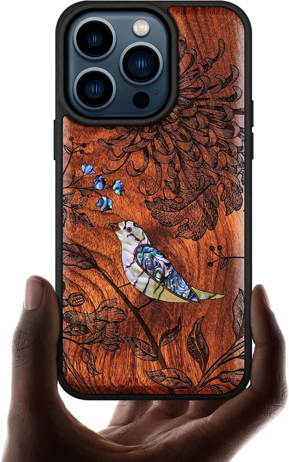 Carveit Wooden Case for iPhone 15 Pro Magnetic Case, Compatible with MagSafe Wireless Chargers, Shockproof Cover, Handmade Shell Inlaid & Wood Artisan Engraved (Flowers and Bird) Rosy