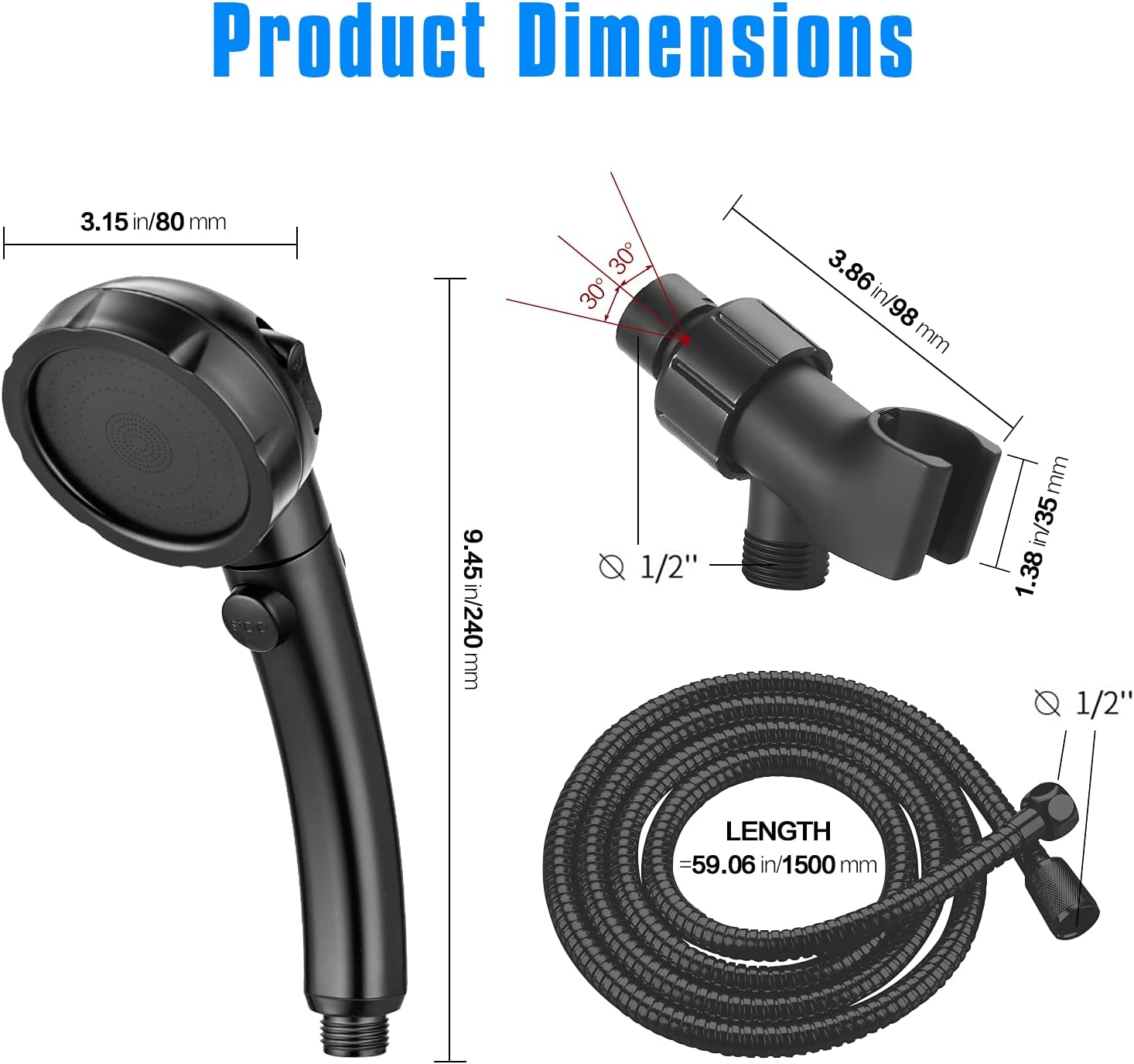 JONKEAN High Pressure Shower Head with 3 Spray Settings, Water Saving Handheld RV Shower Head with Hose and On Off Switch, Detachable Shower Heads with Hose and Angle-Adjustable Bracket (Black)