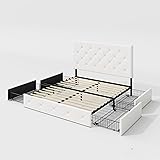 Allewie Upholstered Full Size Platform Bed Frame with 4 Storage Drawers and Headboard, Diamond Stitched Button Tufted, Mattress Foundation with Wooden Slats Support, No Box Spring Needed, White