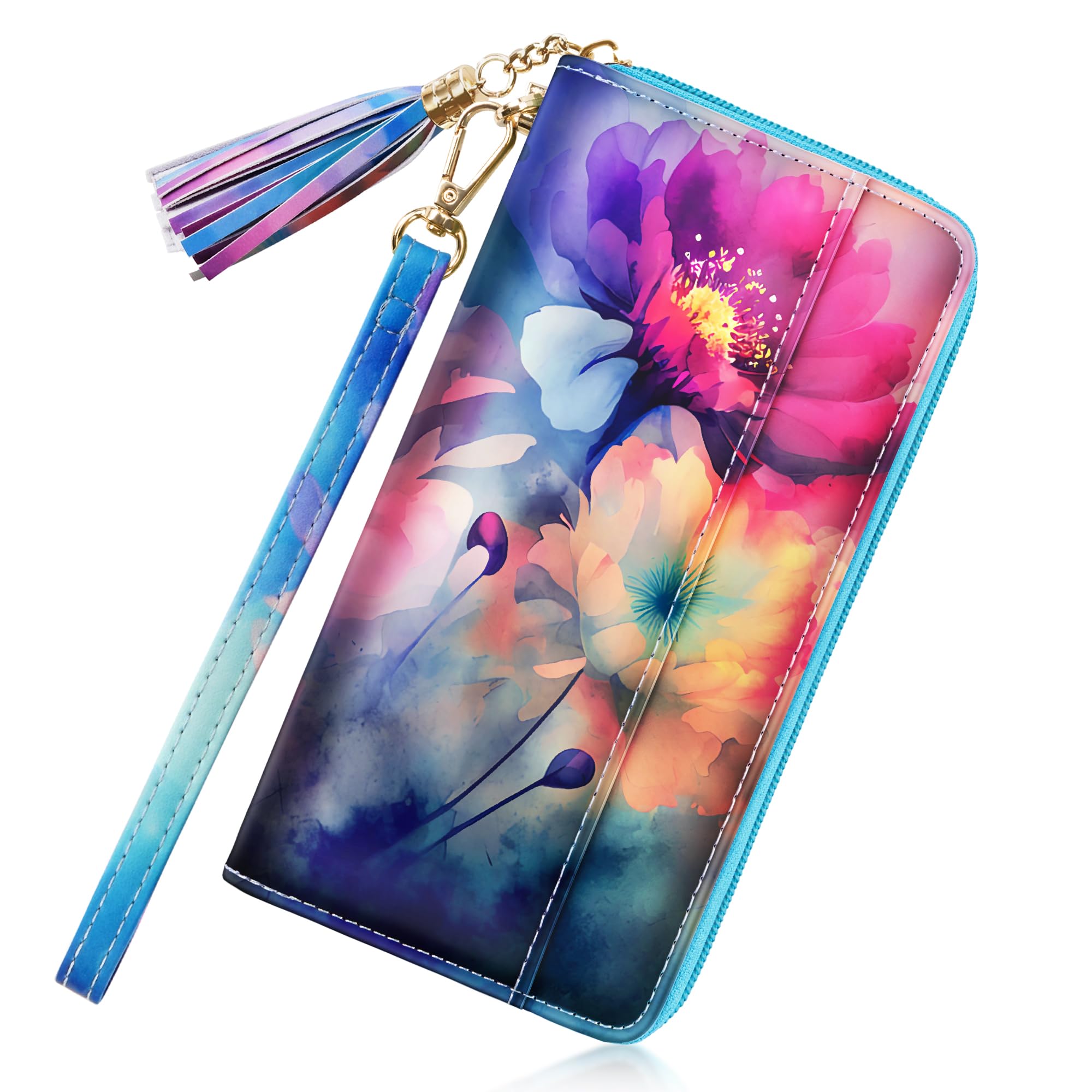 Travelambo Womens Wallet Tassel Bifold Ladies Cluth Wristlet Wrist strap Long Purse Classical Floral