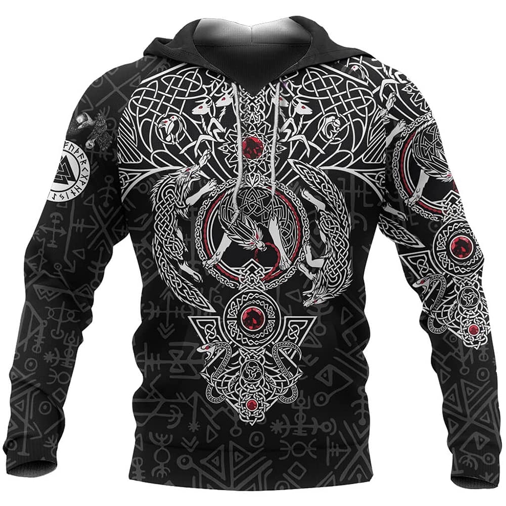 Sweat Viking homme impression 3D loup d'Odin avec motifs tatouage scandinave noir