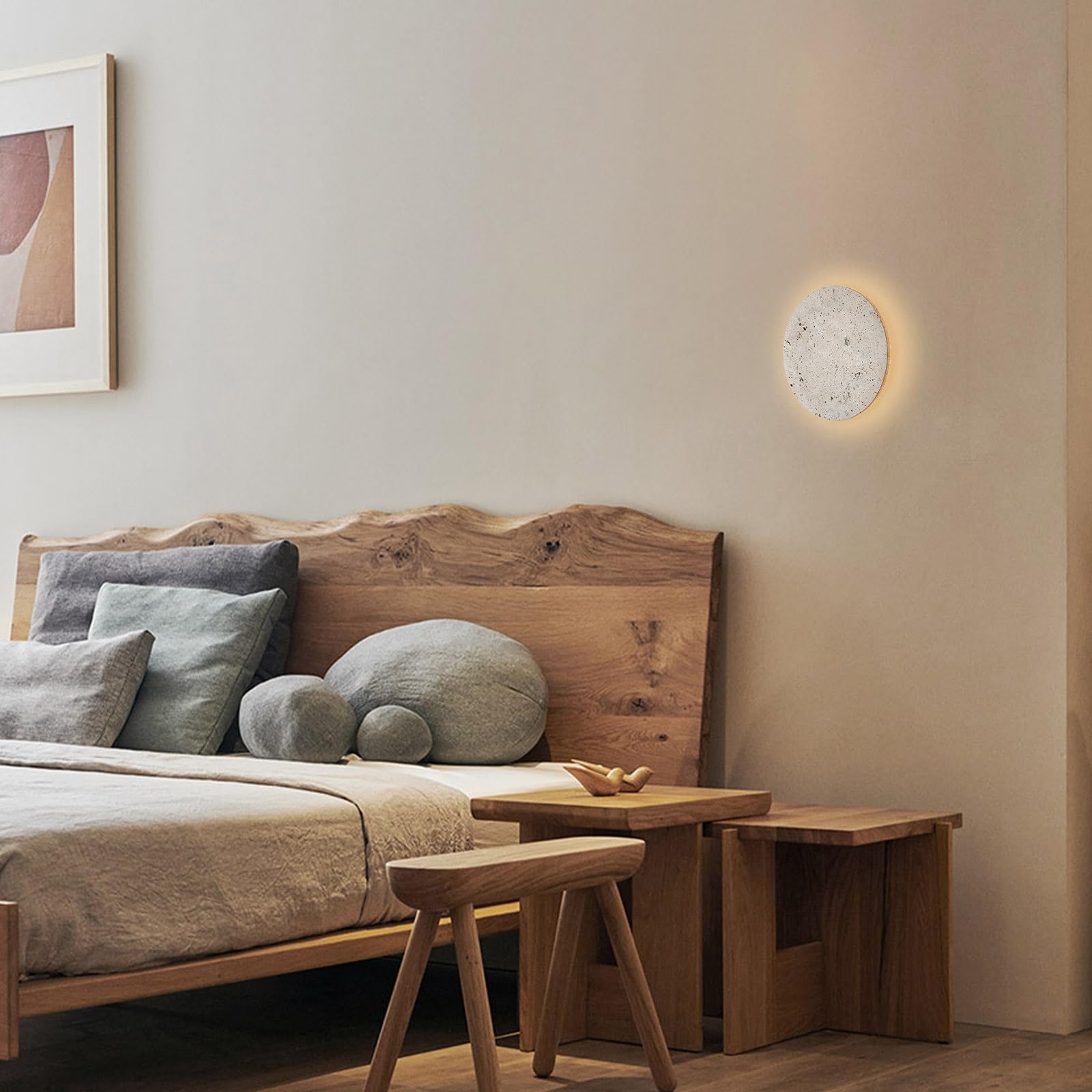 9-calowa okrągła żółta lampa ścienna z trawertynu, nowoczesny kinkiet LED z podświetleniem z kamienia, japońskie oświetlenie artystyczne wabi-sabi, przewodowa lampa ścienna do sypialni