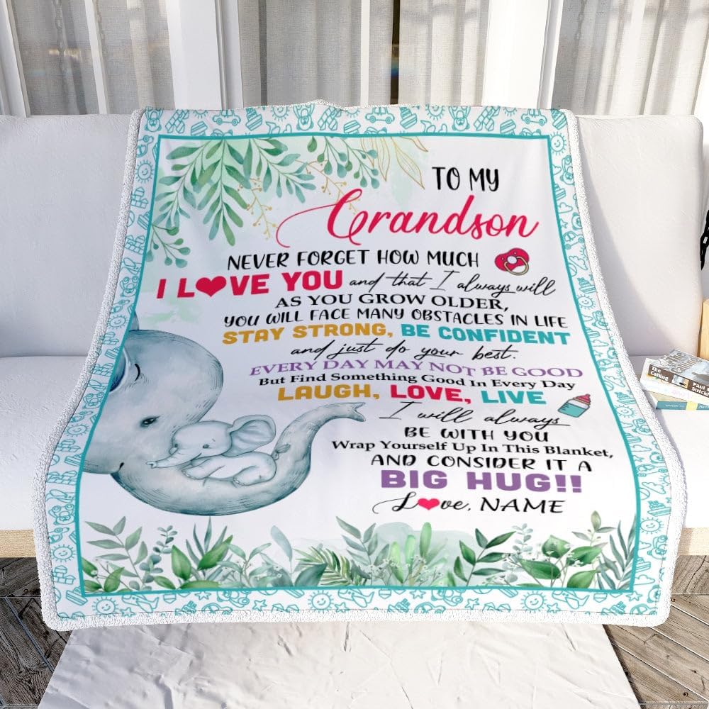 Personalized to My Grandson Blanket from Grandma Never Forget I Love You Elephant Baby Boy Grandson Birthday Graduation Christmas Customized Fleece Blanket (30 x 40 in Baby Size)