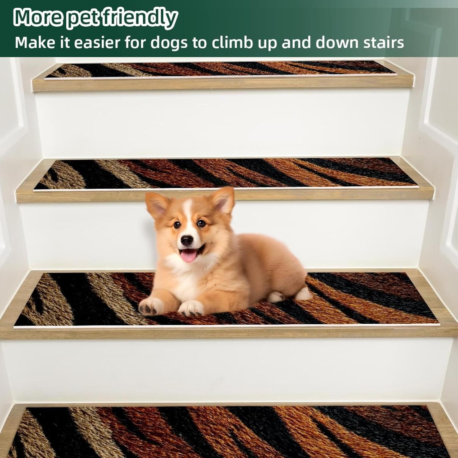 Tiger Leopard (1) Carpet Stair Treads for Wooden Steps Indoor, 15 Pack Slip Resistant Stair Rug Staircase Step Treads Pads for Pet, Kids and Elderly