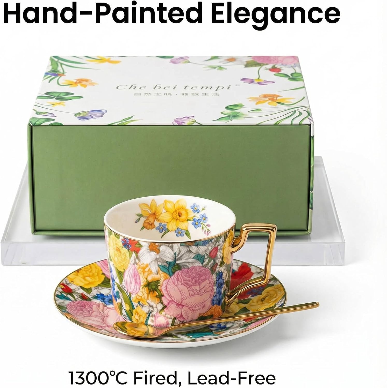 Hand Painted Floral Coffee Cup and Saucer Set with Spoon, Vintage Porcelain Tea Cup, Gift Box Included - Elegant Tea & Espresso Cups for Women, Mother's Day, Birthday Gifts (Red Garden)
