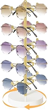 Mkono 360 Rotating Sunglasses Organizer Metal Eyeglass Holder Stand Sunglass Storage Display Eyeglasses Rack for up to 10 Pairs of Eyewear Glasses for Table Dresser Desk Countertop Bedroom, Gold