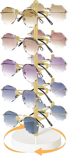 Mkono Mkono 360° Rotating Sunglass Organizer, Metal Glasses Holder Display Stand | Space-Saving, Holds 10 Eyewear Pairs, Stable Wood Base, Easy to Assemble, Dresser Desk Table Countertop Bedroom Gift Ideal