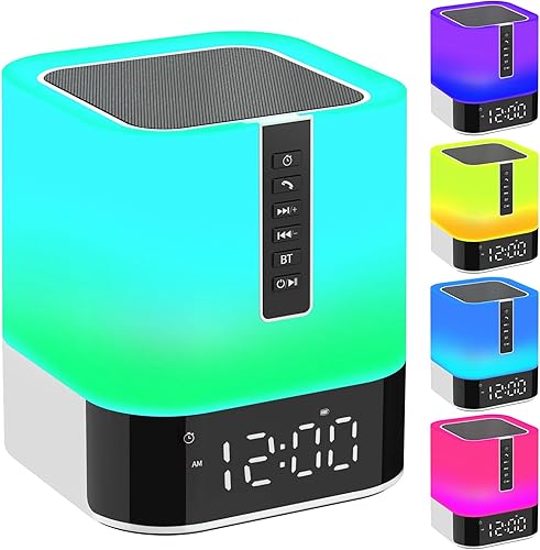 Altavoz Bluetooth con luz nocturna, reloj despertador 5 en 1, lámpara de noche táctil que cambia de color de 48 colores, altavoz inalámbrico para