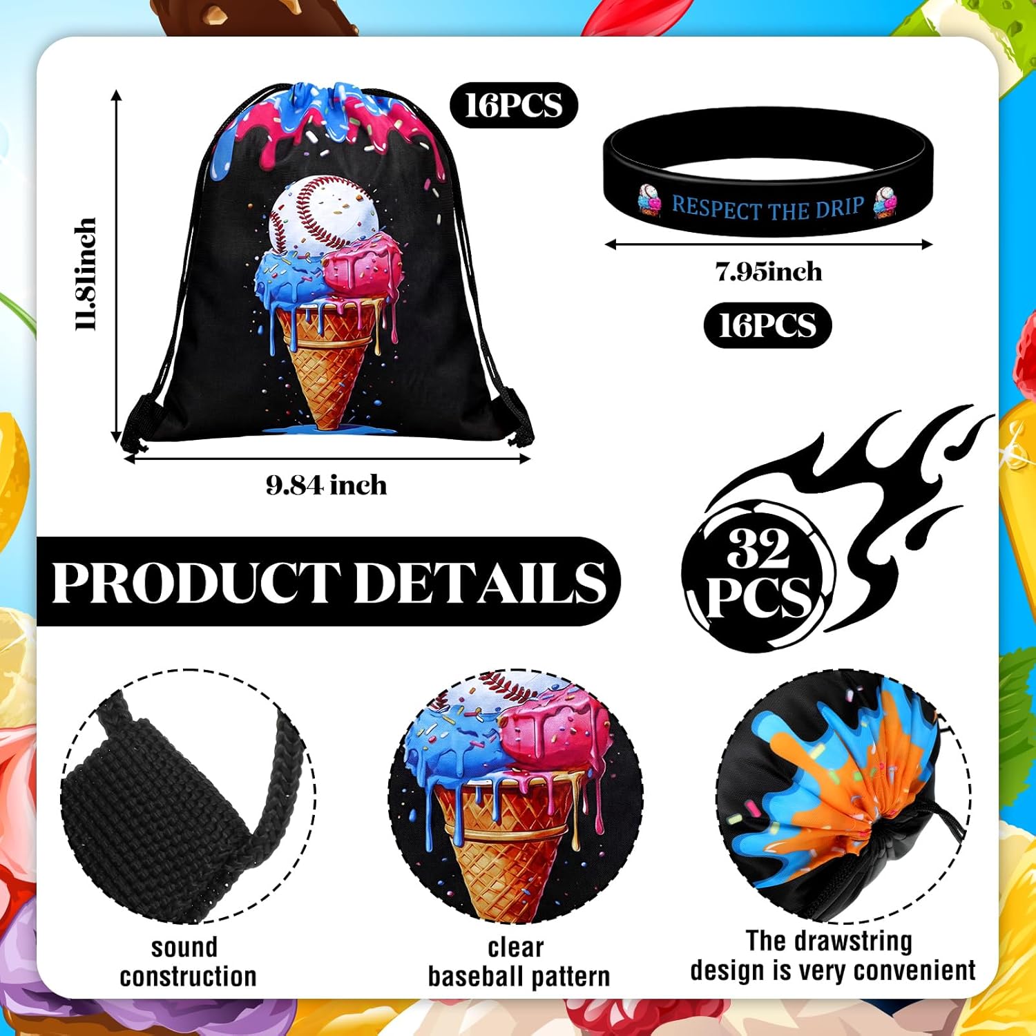Equsion 32 Pcs Baseball Party Favors Set 16 Baseball Ice Cream Drawstring Goodie Bags 16 Silicone Wristband Respect the Drip Snack Treat Candy Bags Motivational Bracelet Sports Birthday Party Supplies