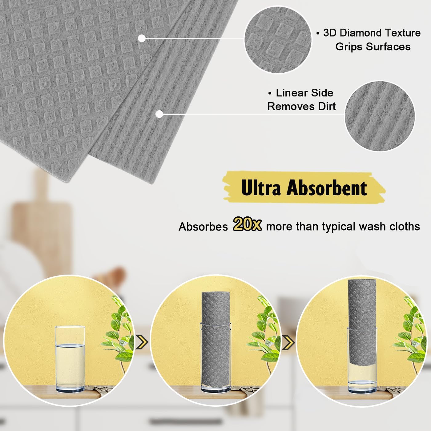 Swedish Dishcloths for Kitchen | 10 Pack Absorbent Cellulose Sponge Cloths Washable | Non-Scratch Reusable Paper Towels Quick Drying Cleaning Rag - Grey - Image 3
