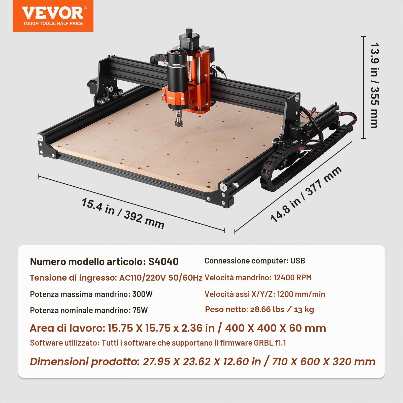 VEVOR CNC Router Macchina, 300 W, 3 Assi GRBL Controllo Kit per Fresatura e Incisione su Legno, 400 x 400 x 60 mm Area di Lavoro 1200 giri/min, Router Macchina per Legno Acrilico Schiuma Plastica