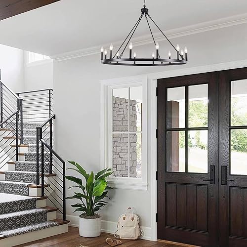 Miniatura 8 de Candelabro negro grande de 38 pulgadas, 12 luces de granja, lámpara colgante de vela rústica industrial para techo alto, sala de estar, comedor y