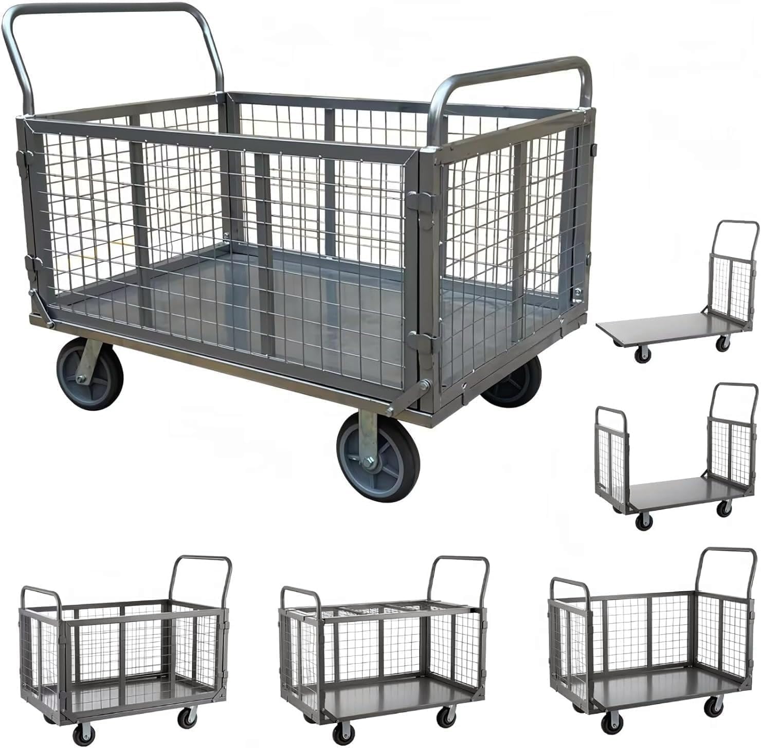TUIYIDUO カゴ台車 大型【補強横棒】メッシュ 多機能5IN1 耐荷重800kg 手押し台車 網籠車 静音 360度回転 折りたたみ収納 簡単組み立て 倉庫 工場 店舗 ショッピングモール用 5インチキャスター付き ブレーキ付き (100*60*95CM)