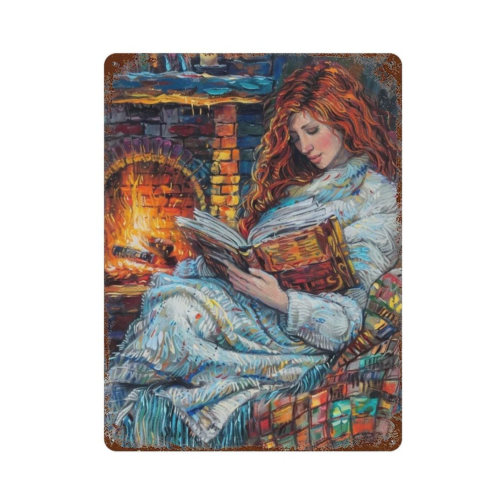 Hduryeyryy Multicolour Reading By Firelight 03 Wall Retro Iron Vintage Art Metal Tin Sign Poster Modern Home Cofffee Club Art Bar Shop Decor 40X30cm