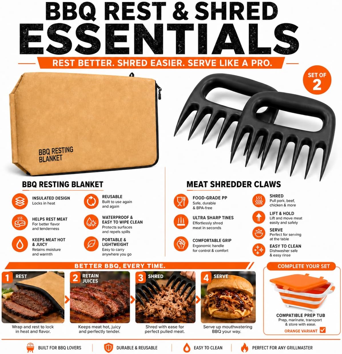 BBQ Prep Tub with 2 Pcs Meat Shredder Claws, 3-IN-1 Large BBQ Prep Tub 16L Cutting Board with Lid for Leak-Resistant Locking Lid, Meat food Container, Carving, Shredding & Storage (Orange)
