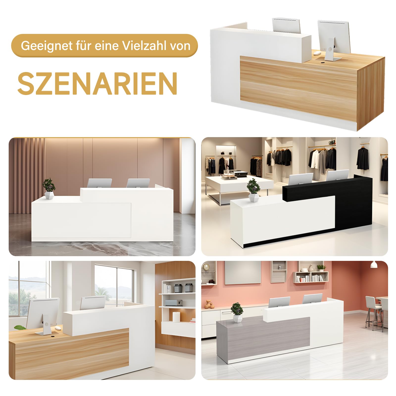 Empfangstheke mit Schublade und offenen Ablagen, Moderne Rezeptionstheke 100–240 cm für Büro, Geschäft, Friseursalon