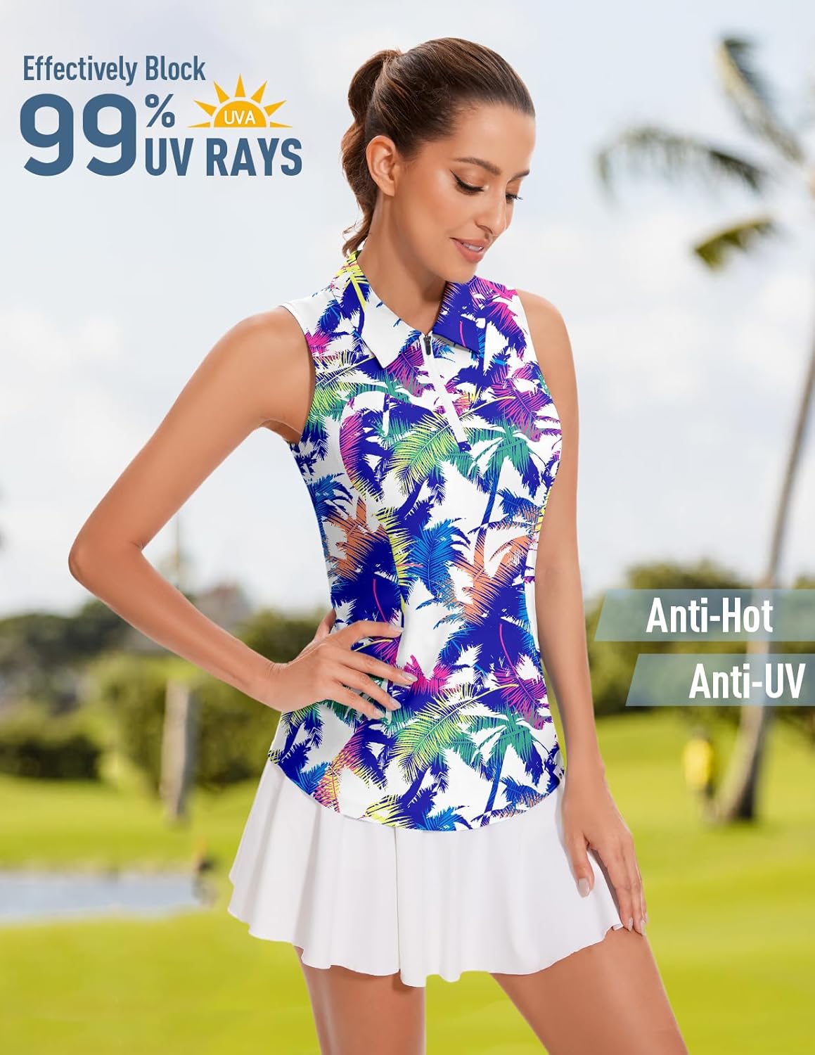 Soneven Women's Sleeveless Golf Top Floral Athletic Golf Wear Moisture Wicking Sleeveless Polo Quick Dry - Image 2