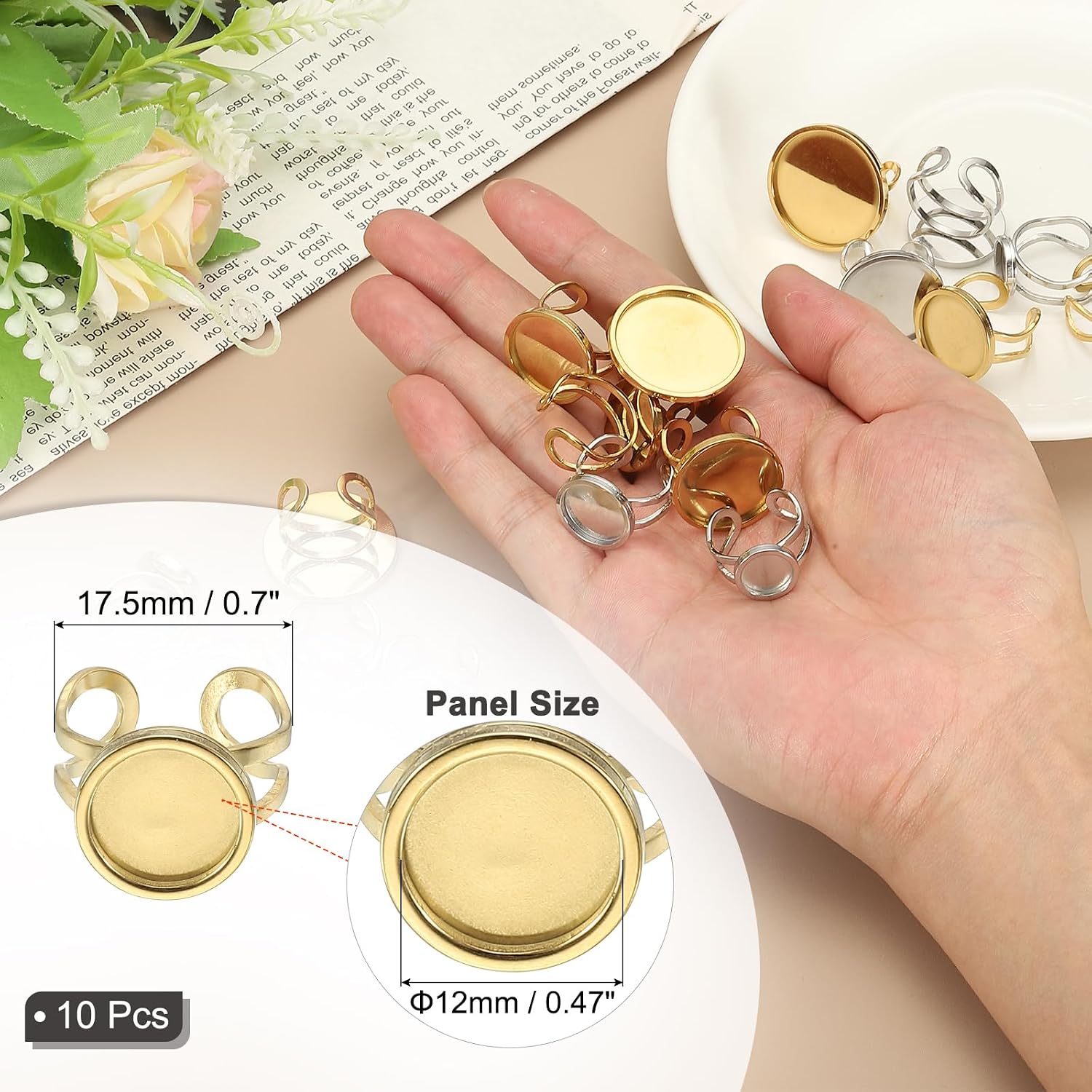 PATIKIL Stainless Ring Blank, 12mm 10 Pcs Adjustable Finger Ring Blank Base Bezel Trays Flat Pad Tray for Jewelry Making Finding DIY Carvings, Gold image 2
