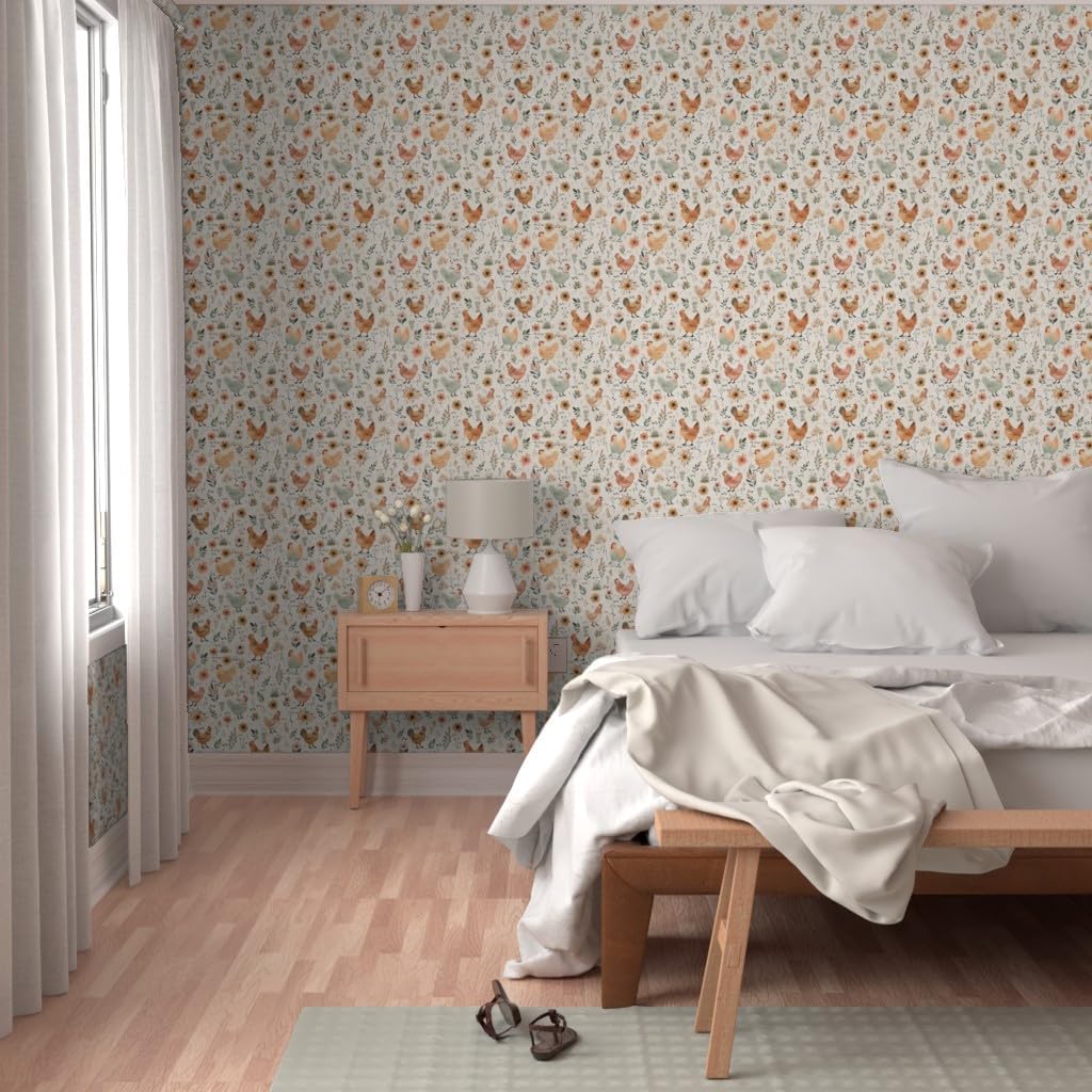 Peel & Stick Wallpaper 3ft x 2ft - Pastel Hens Farmhouse Spring Florals Medium Watercolor Easter Bohemian Baby Chicken Boho Custom Removable Wallpaper by Spoonflower