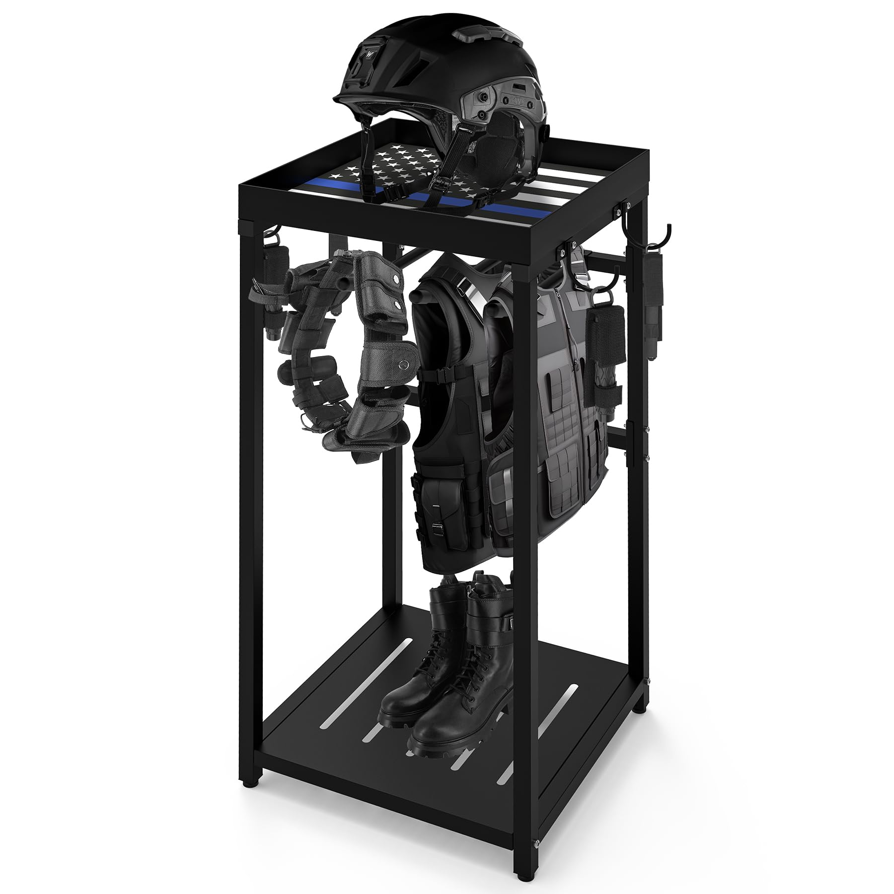 Condition photo showing New/Like New for Police Gear Rack, Police Hanger with Hooks, Tactical Duty Gear Rack Decor with Thin Blue Line Flag, Black Body Armor Stand for Police Gift