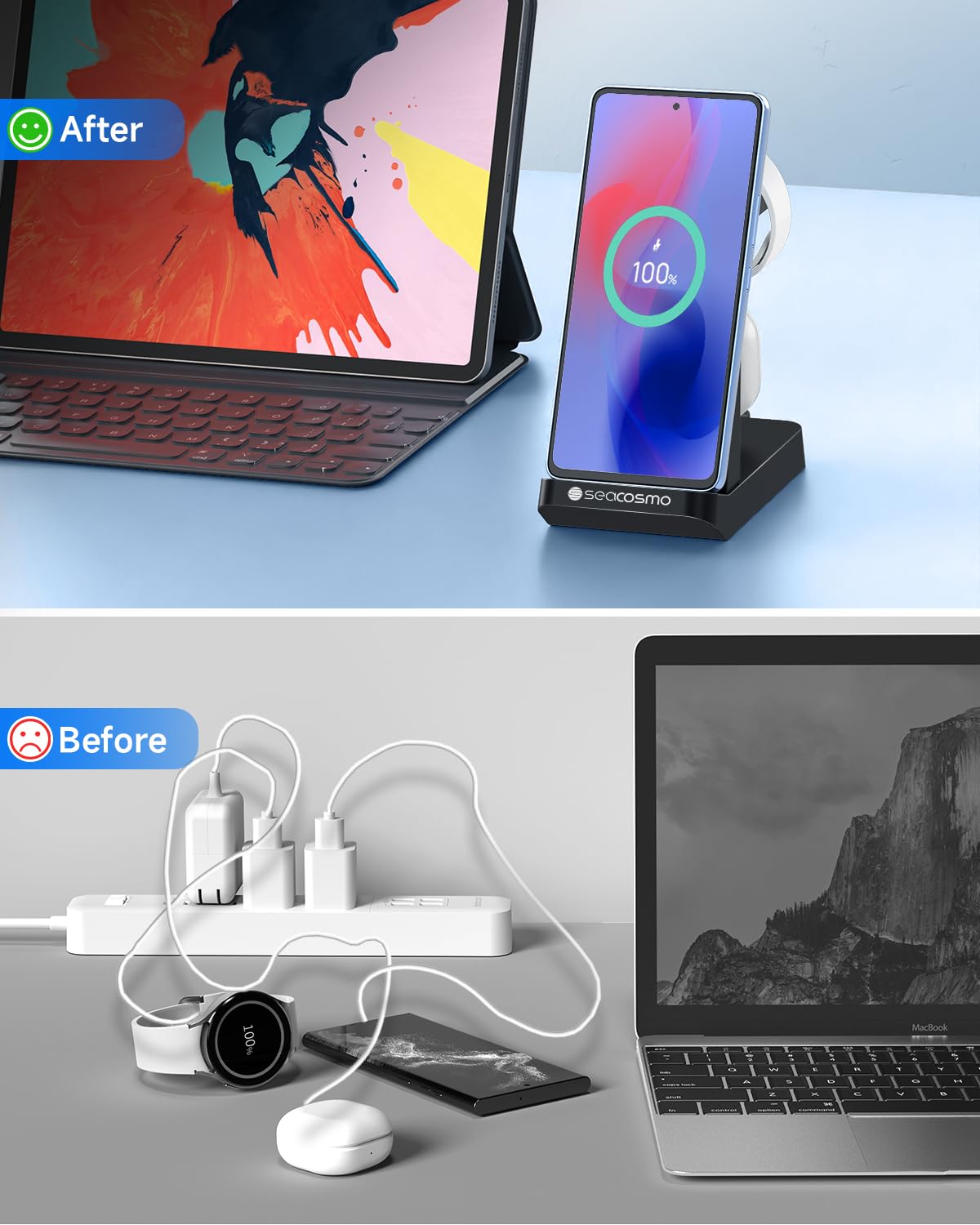 seacosmo 3 en 1 Station Recharge pour Samsung, Chargeur pour A16/A15/A05S/A25/S24 Série, Chargeur sans Fil pour Galaxy Watch 7/6/5 Pro, Support Charge pour Galaxy Buds et Appareils avec Prises Type-C