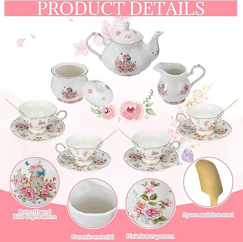 Miniatura 3 de Vesici Juego de té de porcelana floral de 16 piezas, tetera de 30 onzas, recipiente de azúcar de 8 onzas, jarra de crema de 7 onzas, tazas de té de