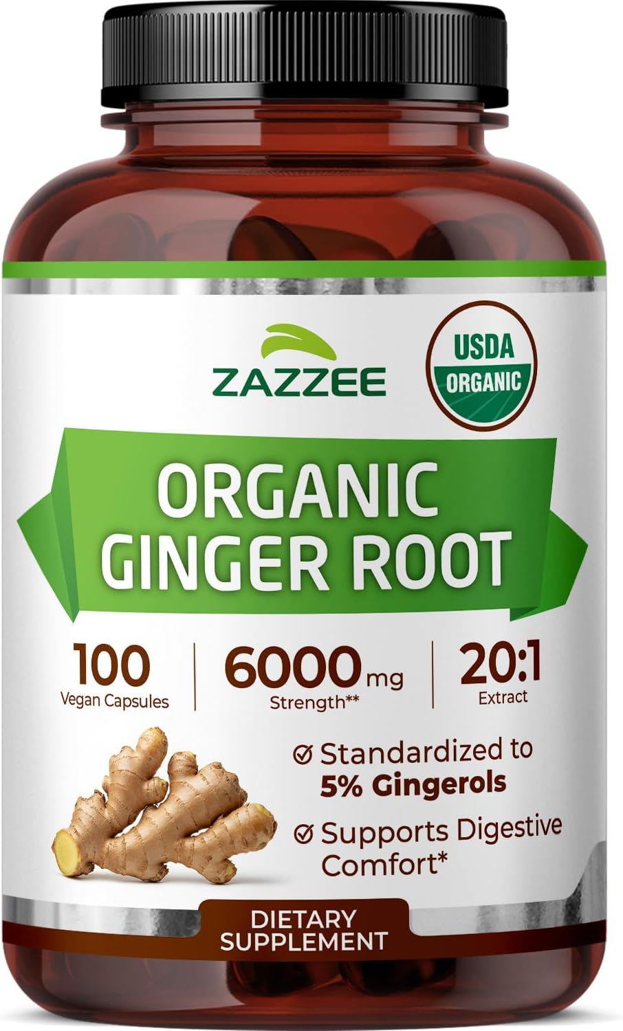 Zazzee USDA Organic Ginger Root 20:1 Extract, 6000 mg Strength, Standardized to 5% Gingerols, 100 Vegan Capsules, 20X Potency, Digestive and Stomach Support, Non-GMO, All-Natural, Made in The USA