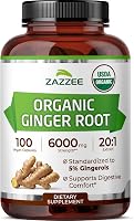 Zazzee USDA Organic Ginger Root 20:1 Extract 6000mg, 5% Gingerols, 100 Vegan Capsules - Digestive Support, Non-GMO, USA Made