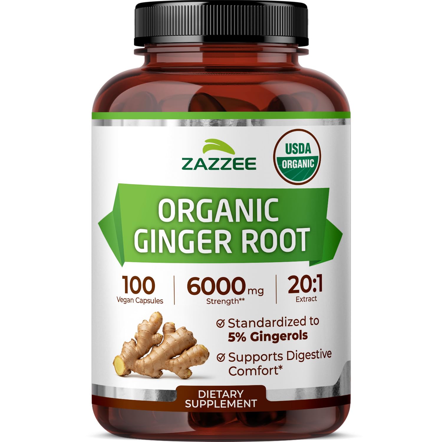 Zazzee USDA Organic Ginger Root 20:1 Extract, 5% Gingerols, 100 Capsules