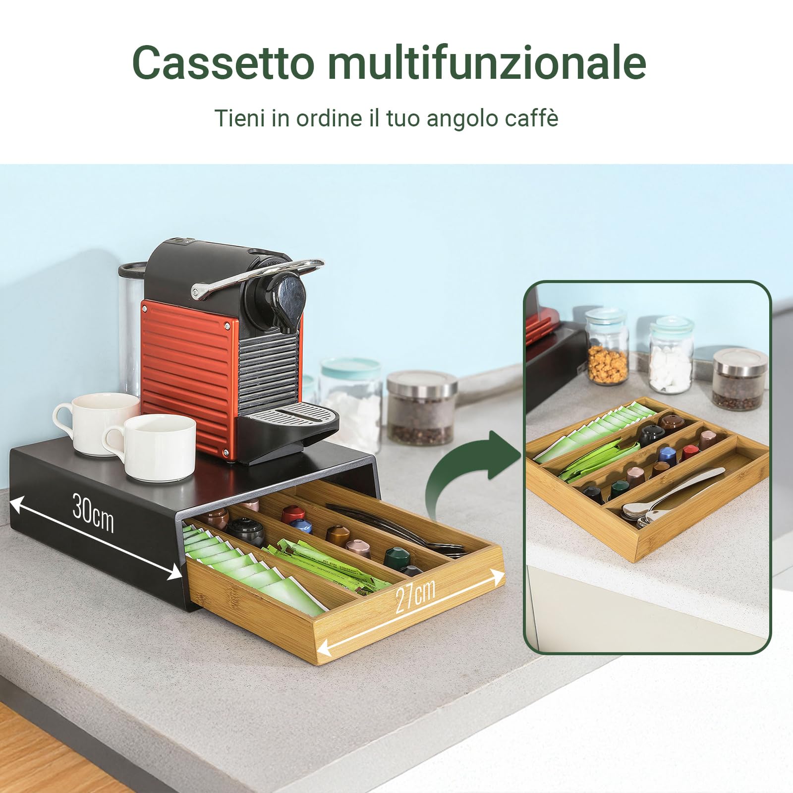 SoBuy Cassetto Porta Capsule in Bambù – Organizer per Cialde e Tè con 4 Scomparti, Portacialde da Caffè, Cassettiera Porta Capsule Salvaspazio per Cucina o Angolo Caffè 31x30x10cm FRG280-SCH
