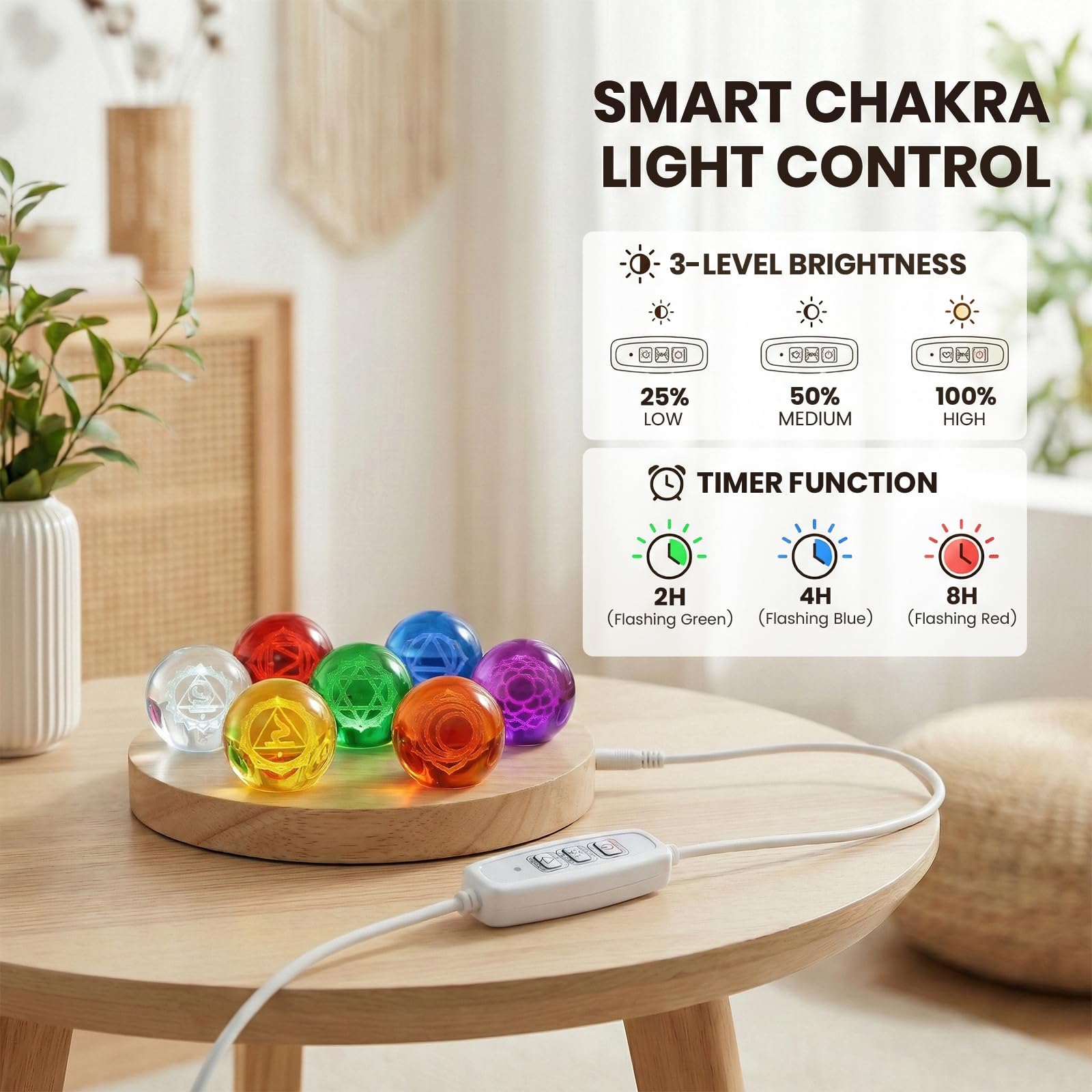 Hivexagon Bola de cristal de 7 chakras de 40 mm con base de madera. Incluye regulador de intensidad y temporizador para meditación. decorativa. Regalo (Round)